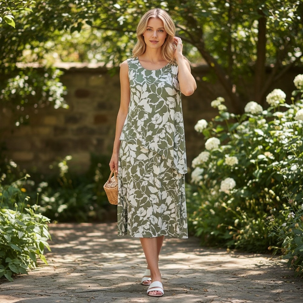 Chico's Popover Dress Womens 2 Green Floral Sleeveless Tiered Knee Length Shift